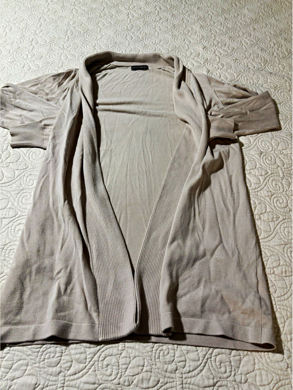 Esperanza Women's Beige Solid Knit Open Front Ribbed Trim Cardigan Sweater XL